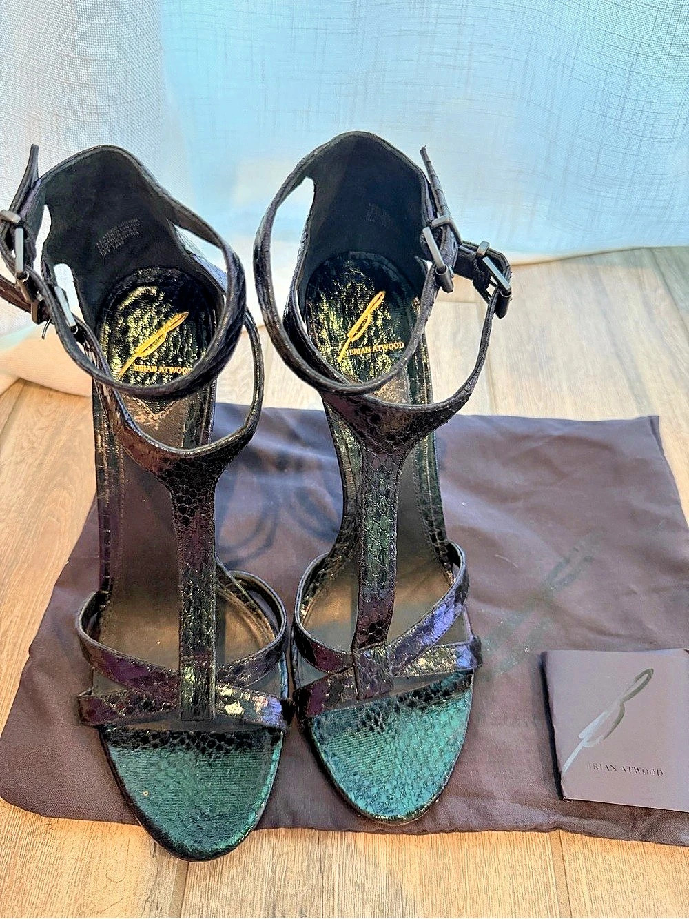 Brian Atwood Black Embossed T-Strap Stiletto Heels / Designer Sandals - Size 9
